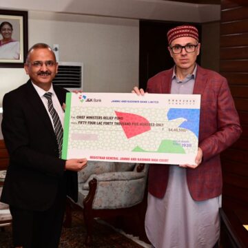 SRINAGAR, Sept 8: In a gesture of solidarity and compassion, the High Court today handed over a cheque of Rs. 54,40,500/- to the Chief Minister’s Relief Fund (CMRF) for the rehabilitation and welfare of those who have suffered due to recent devastating floods in the region. The Judiciary took this noble step with an aim to support the people affected by the recent devastating floods in the region. The cheque was formally presented to the Chief Minister, with an assurance that the contribution, though modest, reflects the heartfelt support of the entire judicial fraternity. Collective action, the Court emphasized, is essential to rebuild lives and restore normalcy in the flood-ravaged areas. The contribution symbolizes the concern and commitment of the institution towards the larger cause of public welfare. The floods, which left many families displaced and caused significant damage to property and livelihood, have deeply impacted the socio-economic fabric of the Union Territory. Recognizing the gravity of the situation, the High Court has expressed its empathy with the affected families and assured that every possible effort will be made to stand by them in this hour of distress.