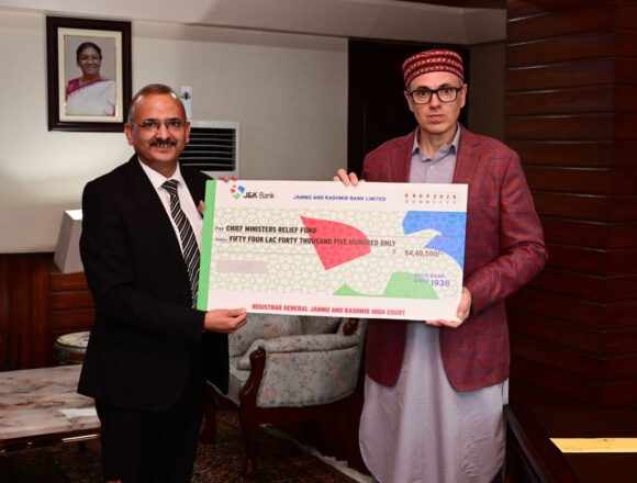 SRINAGAR, Sept 8: In a gesture of solidarity and compassion, the High Court today handed over a cheque of Rs. 54,40,500/- to the Chief Minister’s Relief Fund (CMRF) for the rehabilitation and welfare of those who have suffered due to recent devastating floods in the region. The Judiciary took this noble step with an aim to support the people affected by the recent devastating floods in the region. The cheque was formally presented to the Chief Minister, with an assurance that the contribution, though modest, reflects the heartfelt support of the entire judicial fraternity. Collective action, the Court emphasized, is essential to rebuild lives and restore normalcy in the flood-ravaged areas. The contribution symbolizes the concern and commitment of the institution towards the larger cause of public welfare. The floods, which left many families displaced and caused significant damage to property and livelihood, have deeply impacted the socio-economic fabric of the Union Territory. Recognizing the gravity of the situation, the High Court has expressed its empathy with the affected families and assured that every possible effort will be made to stand by them in this hour of distress.