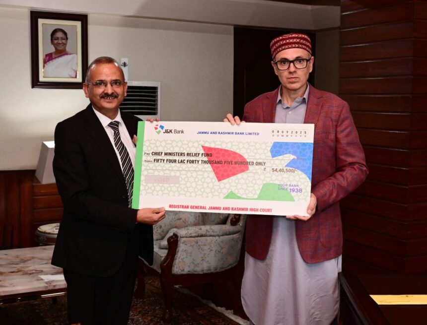 High-Court-donates-Rs.-5440500-to-CMs-Relief-Fund-8-1024x776 SRINAGAR, Sept 8: In a gesture of solidarity and compassion, the High Court today handed over a cheque of Rs. 54,40,500/- to the Chief Minister’s Relief Fund (CMRF) for the rehabilitation and welfare of those who have suffered due to recent devastating floods in the region. The Judiciary took this noble step with an aim to support the people affected by the recent devastating floods in the region. The cheque was formally presented to the Chief Minister, with an assurance that the contribution, though modest, reflects the heartfelt support of the entire judicial fraternity. Collective action, the Court emphasized, is essential to rebuild lives and restore normalcy in the flood-ravaged areas. The contribution symbolizes the concern and commitment of the institution towards the larger cause of public welfare. The floods, which left many families displaced and caused significant damage to property and livelihood, have deeply impacted the socio-economic fabric of the Union Territory. Recognizing the gravity of the situation, the High Court has expressed its empathy with the affected families and assured that every possible effort will be made to stand by them in this hour of distress.