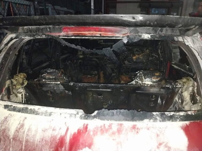 Swift Dzire Gutted in Late-Night Fire at SMHS Hospital Parking